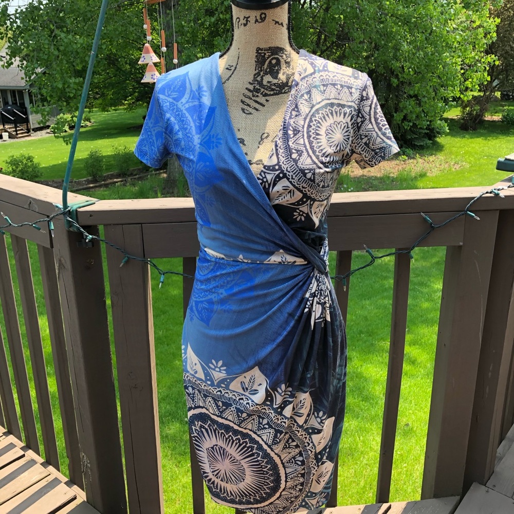Desigual Blue and Tan Faux Wrap Dress - Picture 7 of 8